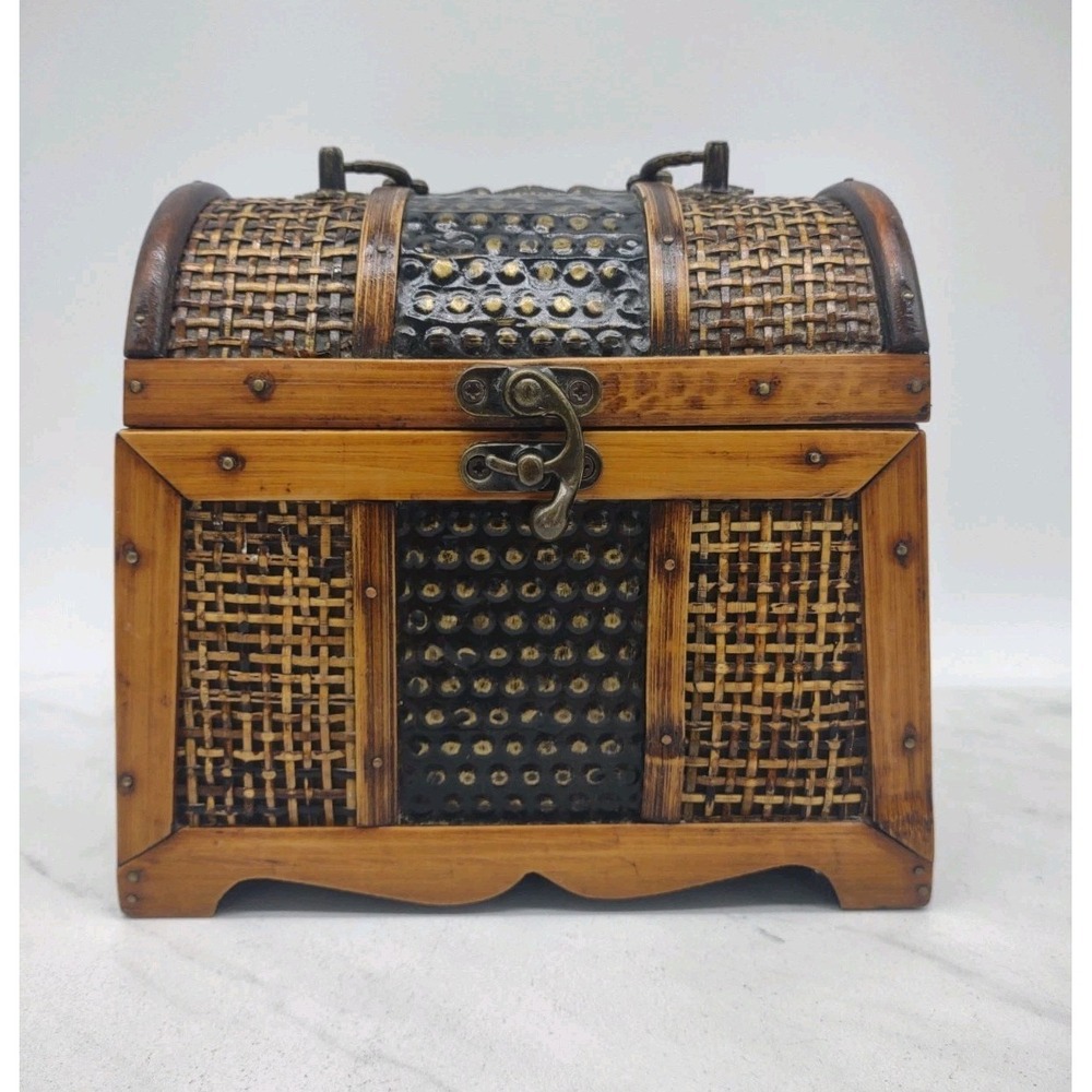 Wicker Wood Chest With Metal Accents 7 Inch Length 6 Inch Tall Handle & Latch